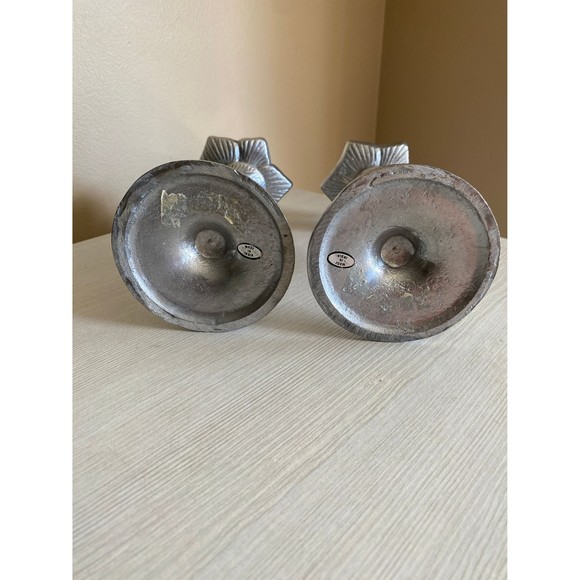Vintage Pair of 7" Pewter Flower w/Stem Leaves Candle Holders - Picture 6 of 9
